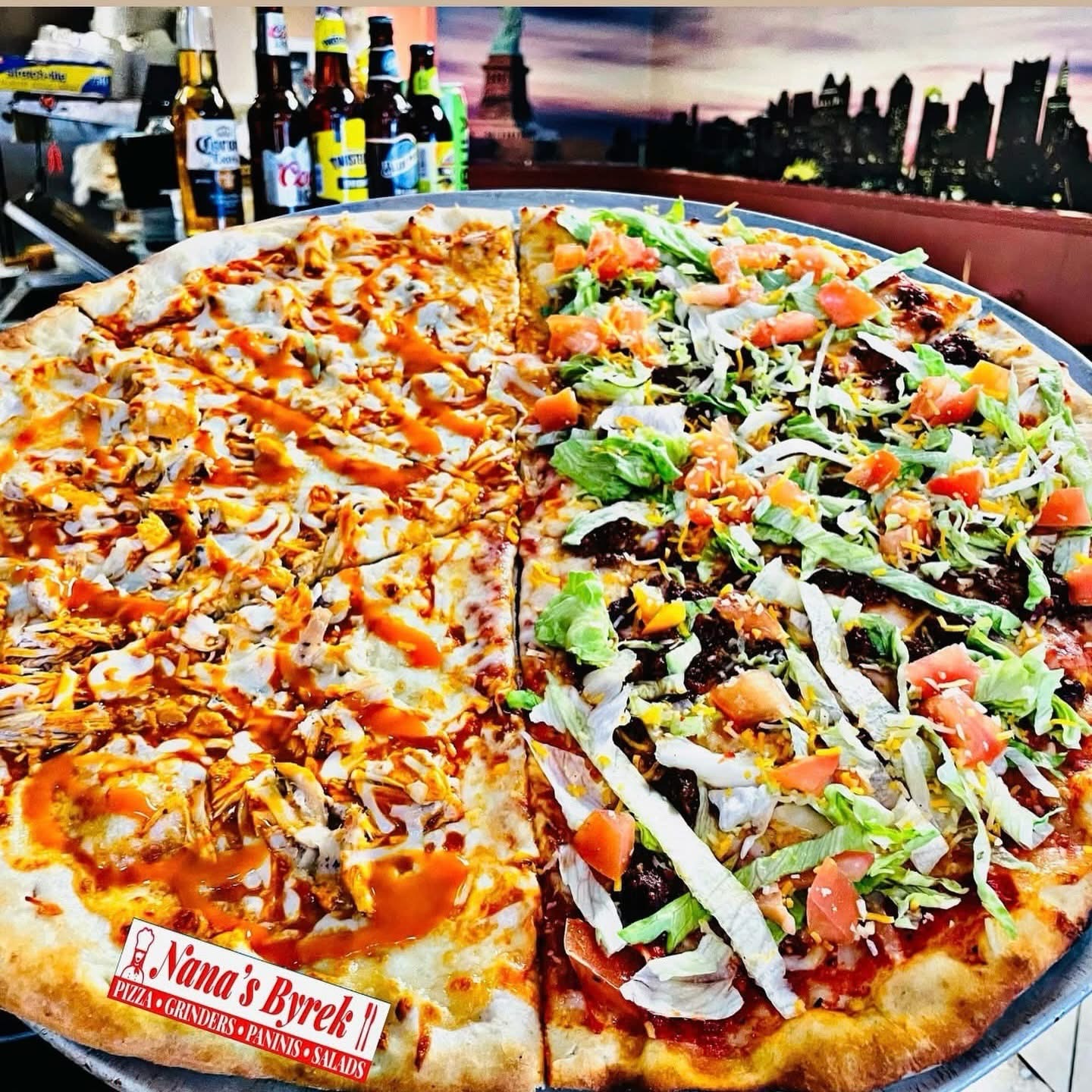 1/2 taco 1/2 buffalo chicken pizza