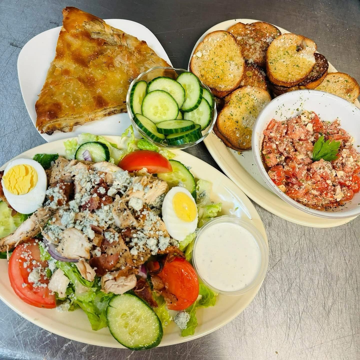 Cob salad ,slice of Byrek,Bruschetta app