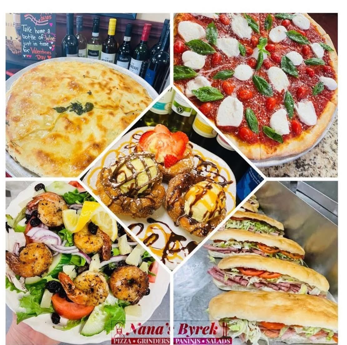 Byrek pie , margarita, pizza, Italian grinder, shrimp, salad, and dessert special