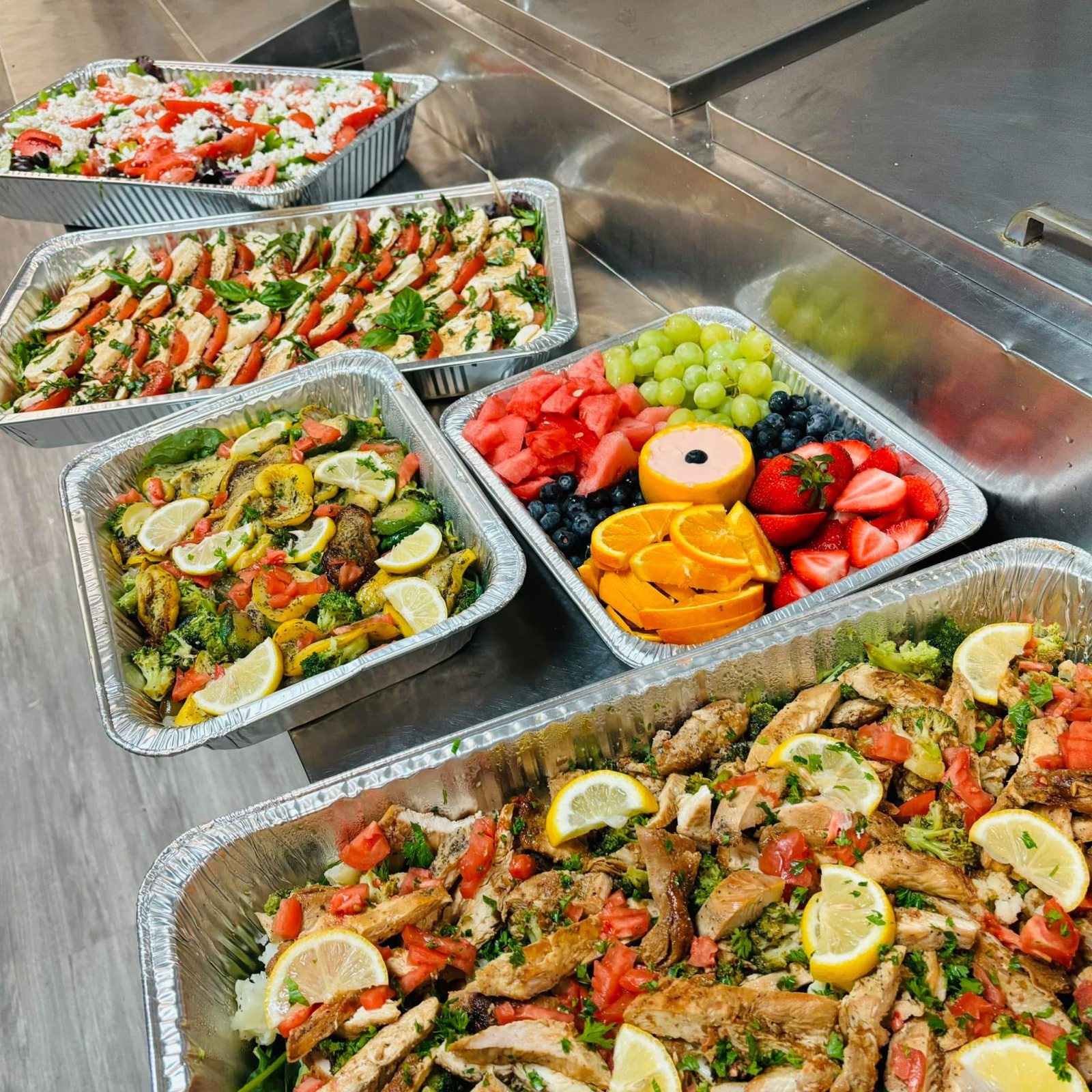 Chicken and vegetable, fruit tray, nana salad