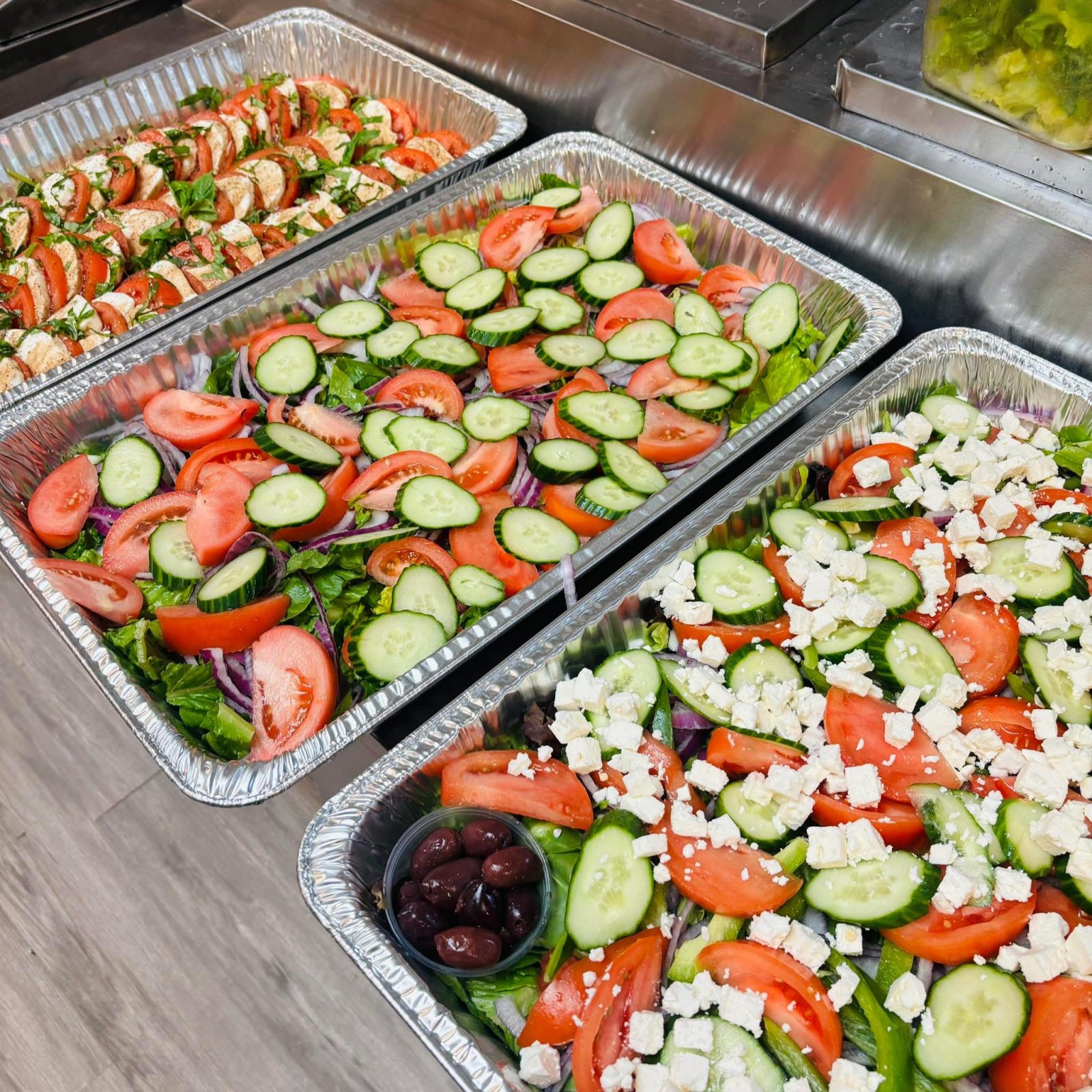 Nana salad, garden salad, mozzarella Caprese